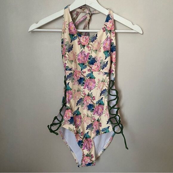 Military Hippie Bathing Suit One Piece Lace Up Sides Open Back Floral Print - Picture 8 of 8